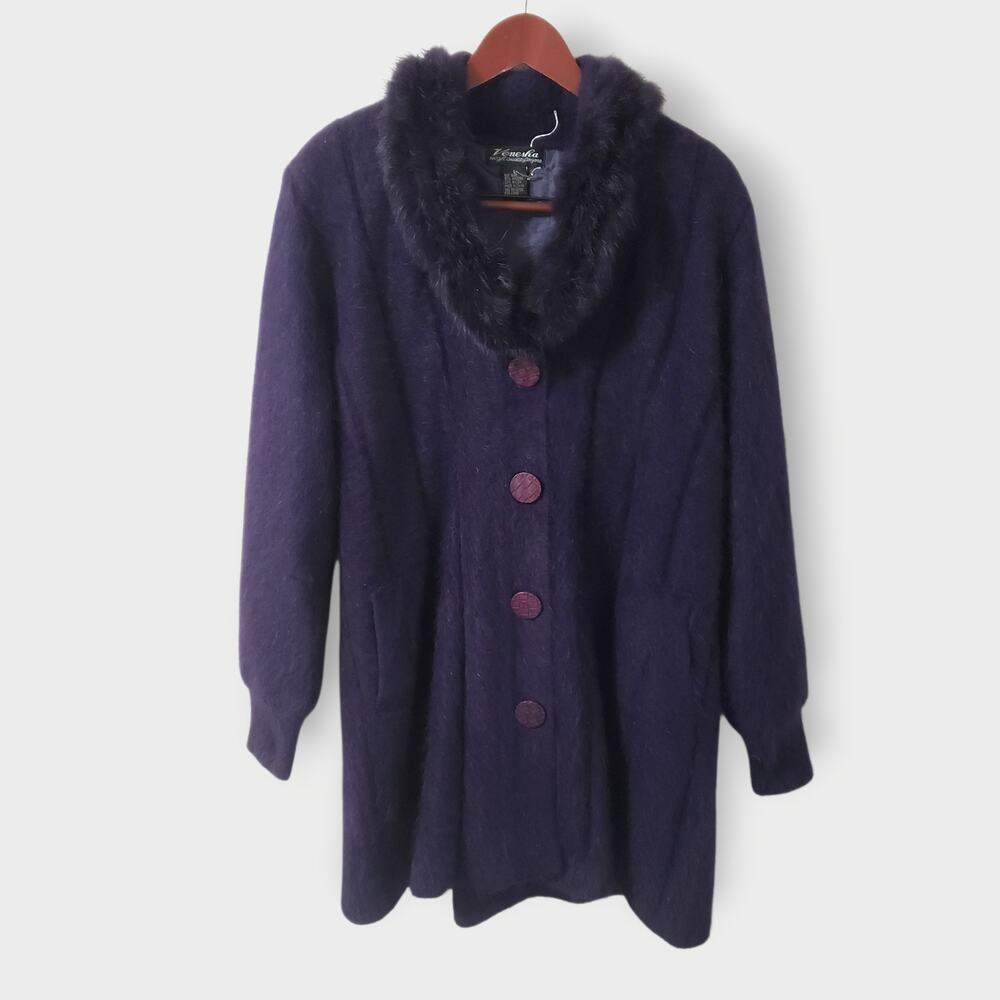 NWOT Vtg Venesha Angora Coat Fur Collar‎  Purple Snap Button Sz Lg Glam Mobwife